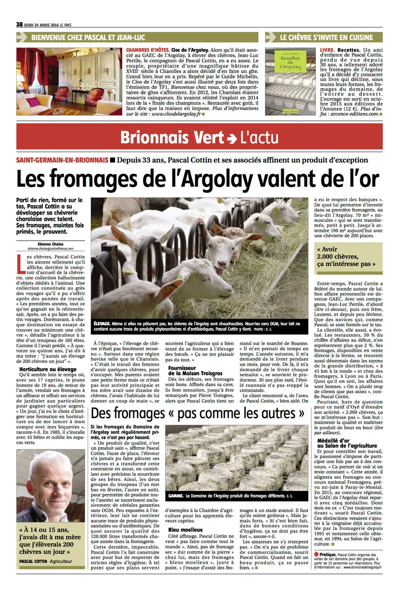 Article du Pays, 2016 : Les fromages de l'Argolay valent de l'or